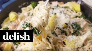 How To Make Chicken Spinach amp Artichoke Pasta  Delish [upl. by Ecirted]