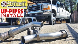 2001 F350 73  RiffRaff UpPipes Install  Stock up pipes leaking and falling apart JUNK SP [upl. by Hannahsohs]